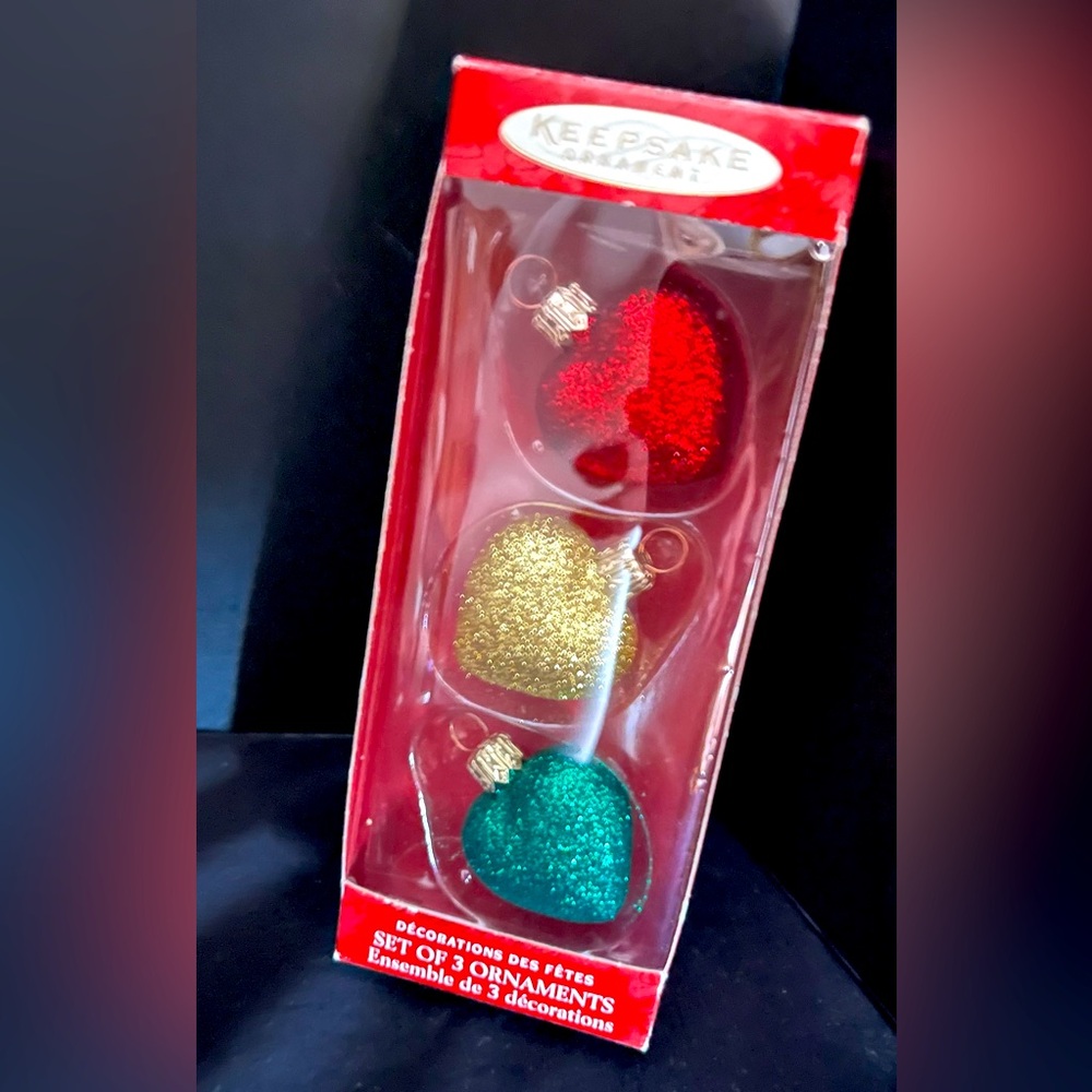 Hallmark Li'l Blown Glass Collection Set of 3 Glittery Hearts 2000 VIP Gift Used